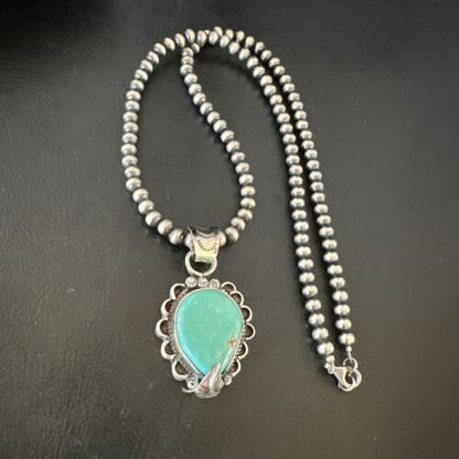 Navajo Blue Turquoise Pendant Necklace | Sterling Silver Pearls | Authentic Native American Handmade | 15656