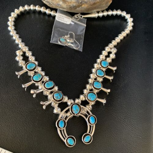 Navajo Kingman Turquoise Squash Blossom Necklace | Sterling Silver | Authentic Native American Handmade | 13678