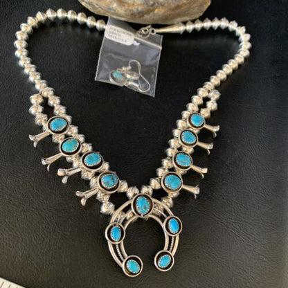 Navajo Kingman Turquoise Squash Blossom Necklace | Sterling Silver | Authentic Native American Handmade | 13678