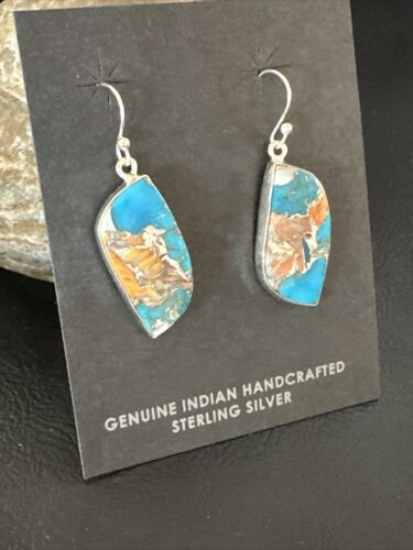 Navajo Blue Turquoise & Orange Spiny Oyster Inlay Dangle Earrings | Sterling Silver | 15585