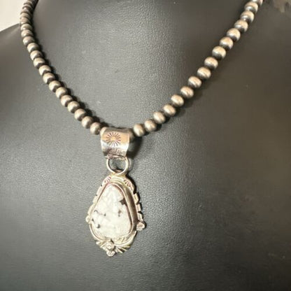 Men's White Buffalo Turquoise Pendant Necklace | Navajo Pearls | Sterling Silver | Native American Handmade | 17335