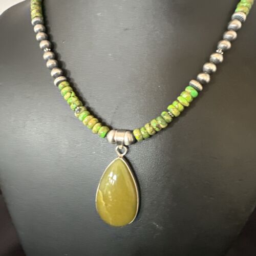Navajo Green Turquoise Pendant with Pearls | Sterling Silver Necklace | Authentic Native American Handmade | 16917
