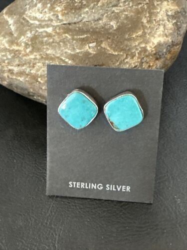 Navajo Blue Kingman Turquoise Post Stud Earrings | Sterling Silver | Authentic Native American Handmade | 17409