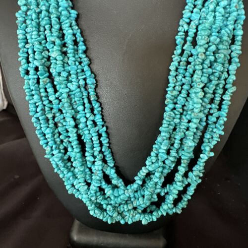Blue Turquoise Nugget Bead Necklace | 10 Strand | Navajo Sterling Silver | 22" | 15030