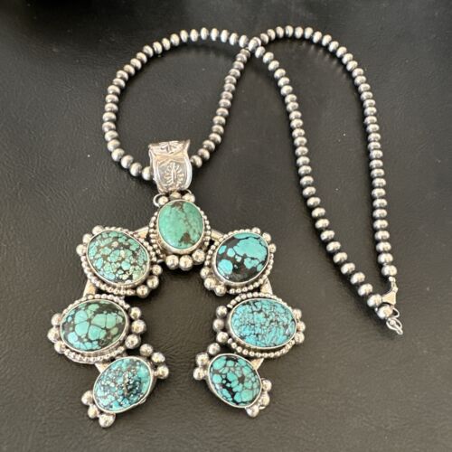 Navajo Men's Blue Turquoise Naja Pendant Necklace | Sterling Silver Pearls | Authentic Native American | 16404