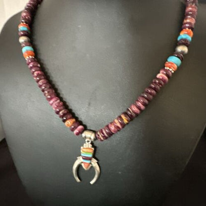 Navajo Purple Spiny Oyster Turquoise Naja Pendant Necklace | Sterling Silver | Authentic Native American Handmade | 16809