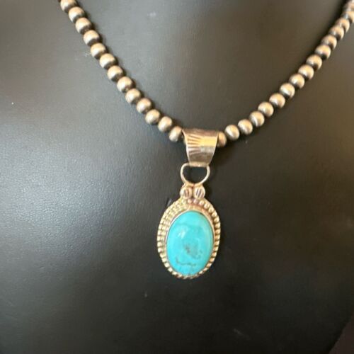 Navajo Pearls Kingman Turquoise Pendant Necklace | Sterling Silver | Authentic Native American Handmade | 17134