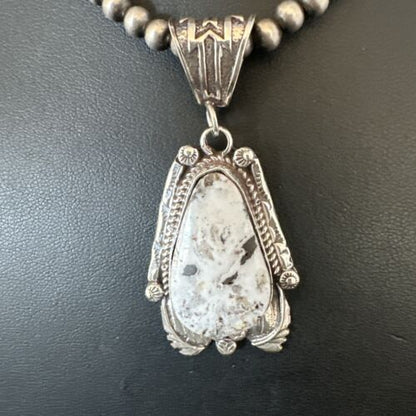 Navajo White Buffalo Turquoise Pendant Necklace | Sterling Silver | Authentic Native American Handmade | 17520