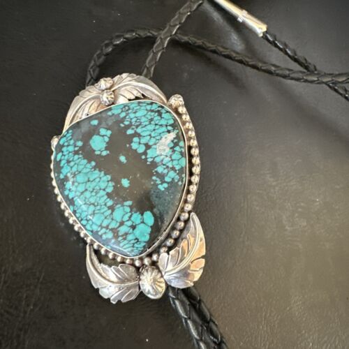 Men's Blue Spiderweb Turquoise Bolo Tie | Navajo Sterling Silver | Authentic Native American Handmade | 15012