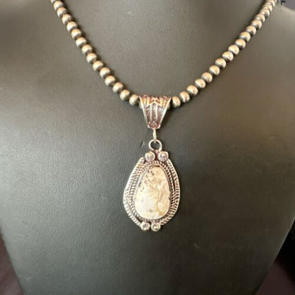 Navajo White Buffalo Turquoise Pendant Necklace | Sterling Silver | Authentic Native American Handmade | 17512 - Masha USA