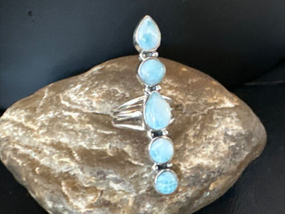 Navajo Blue Larimar Cluster Ring | Authentic Native American Sterling Silver | Multi-Stone | Sz 8 | 15979
