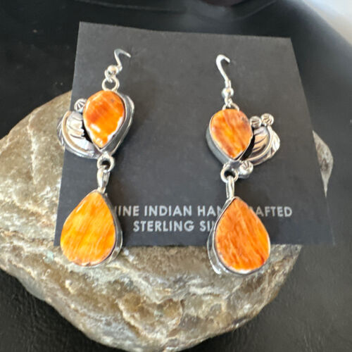 Navajo Orange Spiny Oyster Dangle Earrings | Sterling Silver | 1.5" | Authentic Native American Handmade | 16566