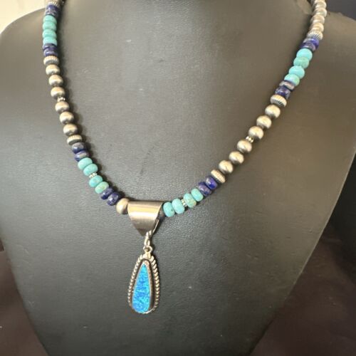 Navajo Opal Inlay Pendant with Turquoise & Lapis | Sterling Silver Necklace | Authentic Native American Handmade | 16848
