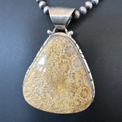 Navajo Pearls Champagne Fossil Coral Pendant Necklace | Sterling Silver Beads | Native American Handmade | 16372