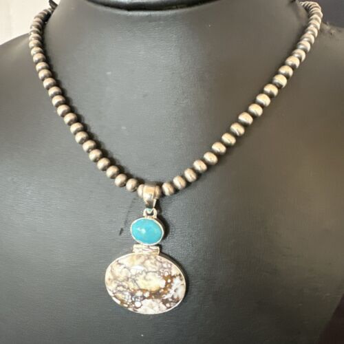 Navajo Wild Horse Blue Kingman Turquoise Necklace | Sterling Silver | Authentic Native American Handmade | 17323