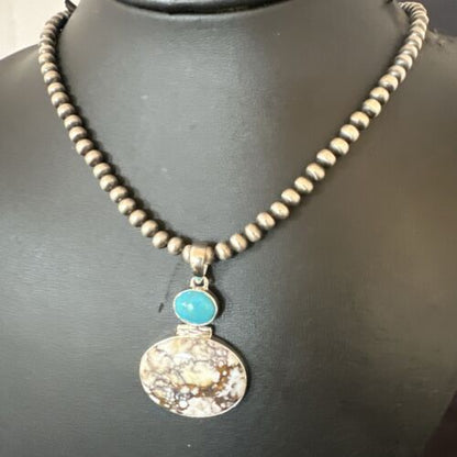 Navajo Wild Horse Blue Kingman Turquoise Necklace | Sterling Silver | Authentic Native American Handmade | 17323
