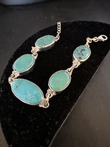 Navajo Blue Turquoise Link Bracelet | Sterling Silver | 8" | Authentic Native American Handmade | 15465
