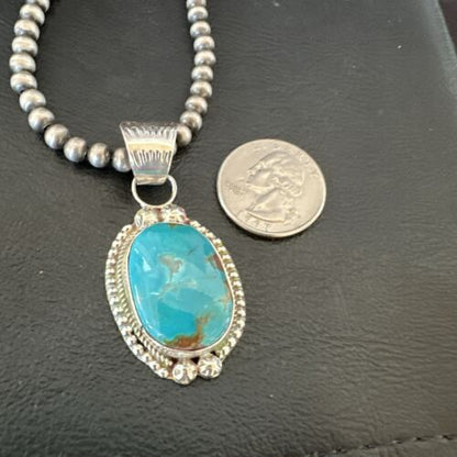 Navajo Pearls Kingman Turquoise Pendant Necklace | Sterling Silver | Authentic Native American Handmade | 17126