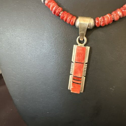 Navajo Pearls Sterling Silver Necklace with Lapis and Red Spiny Oyster Inlay Pendant | 17119