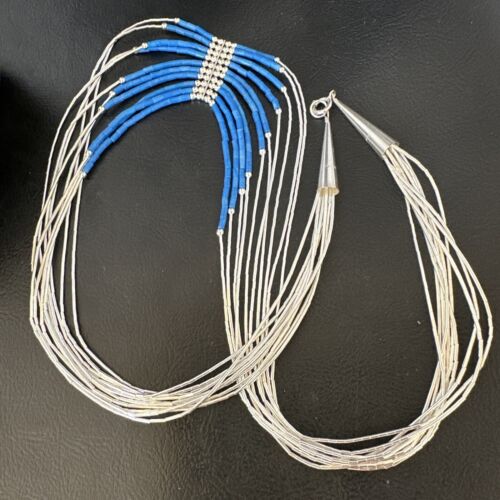 Navajo Denim Lapis Heishi Necklace | 10 Strand Sterling Liquid Silver Tube | 22" | 16319