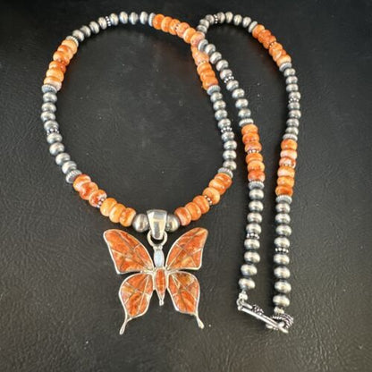 Navajo Butterfly Orange Spiny Oyster Inlay Sterling Silver Pendant Necklace | 15428