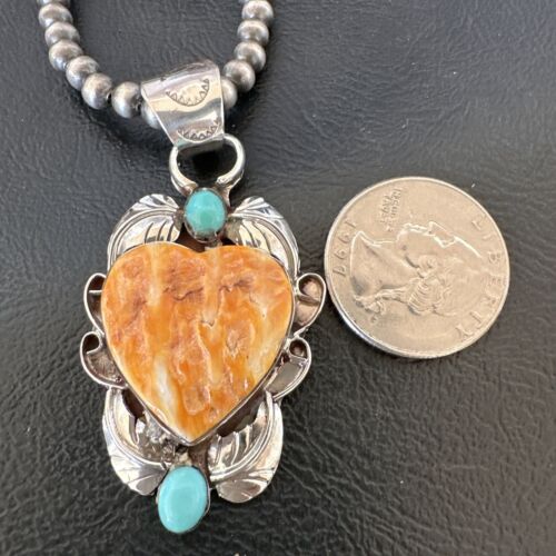 Navajo Spiny Oyster Heart Turquoise Pendant Necklace | Sterling Silver | Authentic Native American Handmade | 16456