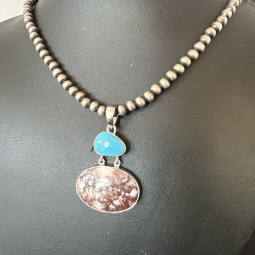 Navajo Wild Horse Blue Kingman Turquoise Necklace | Sterling Silver | Authentic Native American Handmade | 17340