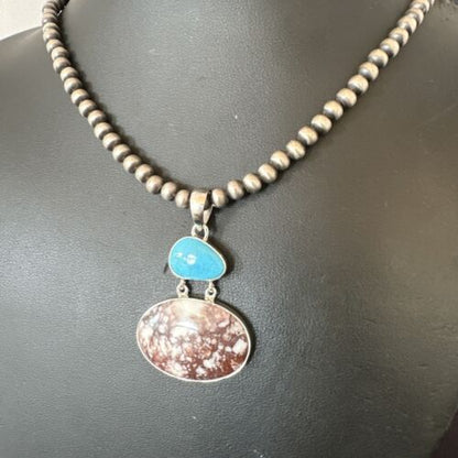 Navajo Wild Horse Blue Kingman Turquoise Necklace | Sterling Silver | Authentic Native American Handmade | 17340