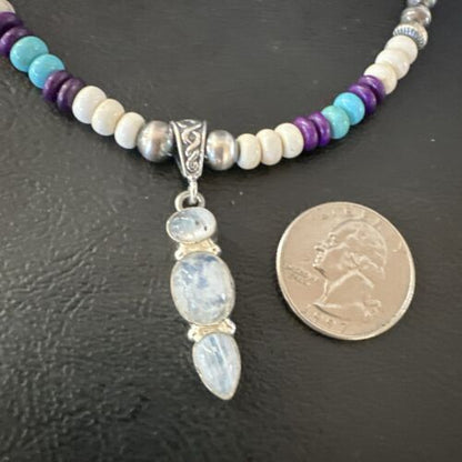 Navajo White Mother of Pearl, Turquoise, Sugilite Pendant Necklace | Sterling Silver | 16929