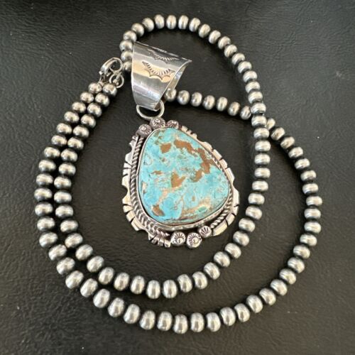 Women's Royston Turquoise Pendant Necklace | Navajo Pearls | Sterling Silver | Authentic Native American | 17063