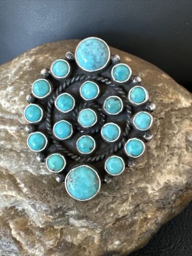 Navajo Blue Turquoise Cluster Ring | Authentic Native American Sterling Silver | Multi-Stone | Adjustable | Sz 7 | 16325