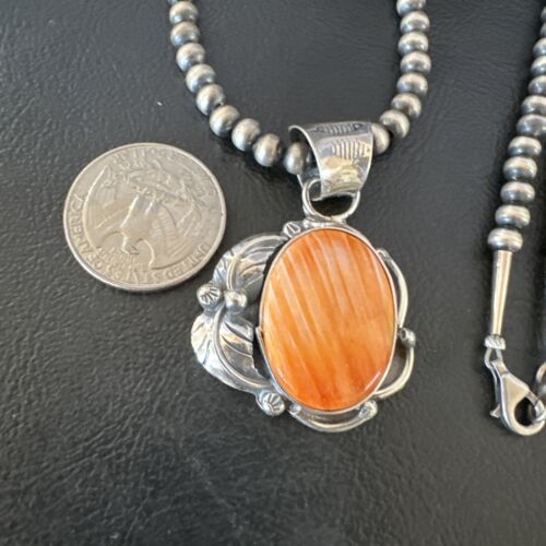 Navajo Orange Spiny Oyster Pendant Necklace | Sterling Silver | Authentic Native American Handmade | 15629