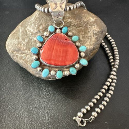 Navajo Blue Kingman Turquoise & Red Spiny Oyster Pendant | Sterling Silver | 17227