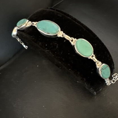 Navajo Blue Turquoise Link Bracelet | Sterling Silver | 8" | Authentic Native American Handmade | 15467