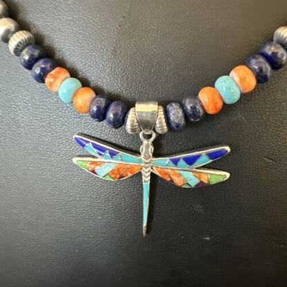 Navajo Dragonfly Pendant | Sterling Silver Turquoise Spiny Inlay MultiColor | Authentic Native American Handmade | 16634