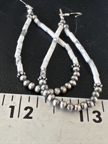 Navajo White Howlite Heishi Dangle Earrings | Sterling Silver | 2" | Authentic Native American Handmade | 15348