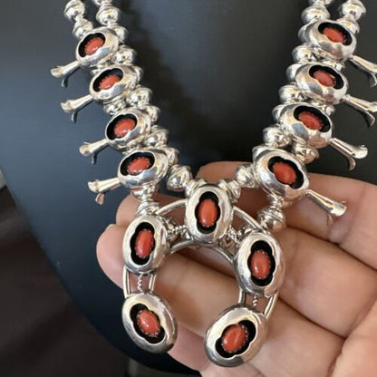 Navajo Red Coral Shadowbox Squash Blossom Necklace | Sterling Silver | 17" | Authentic Native American Handmade | 16116