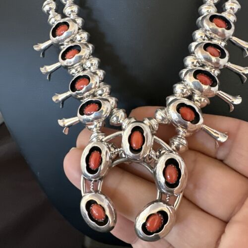 Navajo Red Coral Shadowbox Squash Blossom Necklace | Sterling Silver | 17" | Authentic Native American Handmade | 16114