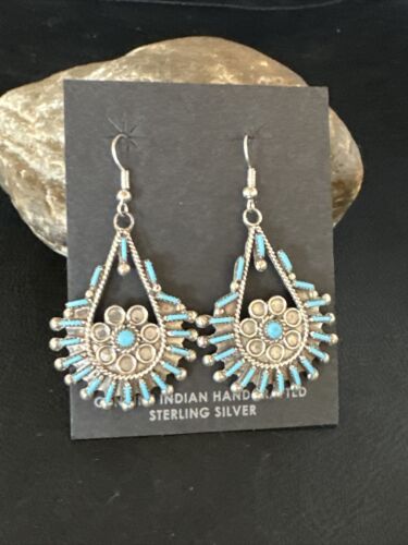 Zuni Kingman Turquoise Needle Point Dangle Earrings | Sterling Silver | Authentic Native American Handmade | 14876