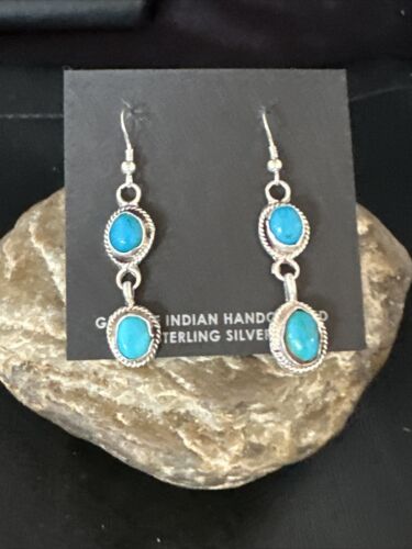 Kingman Turquoise Dangle Earrings | Navajo Handmade | Sterling Silver | Authentic Native American | 14868
