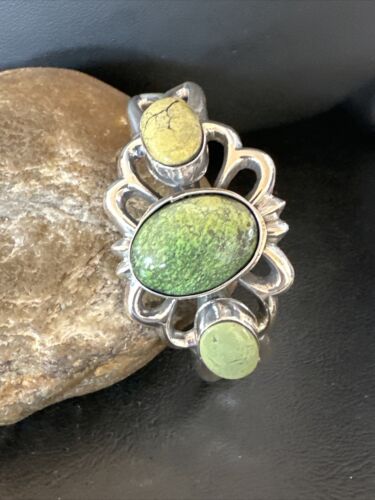 Navajo Green Turquoise Cuff Bracelet | Sterling Silver Tufa Cast | Authentic Native American Handmade | 16787