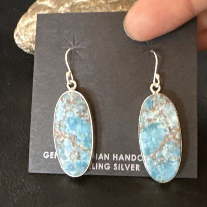 Navajo Blue Turquoise Dangle Earrings | Sterling Silver | Authentic Native American Handmade | 15429