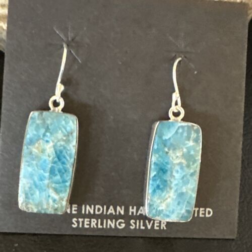 Navajo Blue Turquoise Dangle Earrings | Sterling Silver | Authentic Native American Handmade | 15431