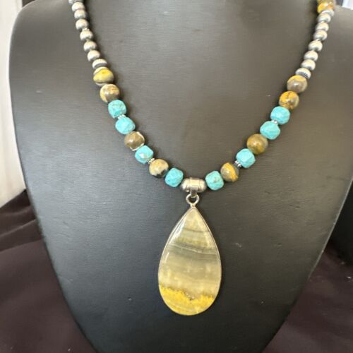 Men's BumbleBee Jasper Pendant Necklace | Navajo Pearls | Sterling Silver | Authentic Native American Handmade | 16875 - Masha USA