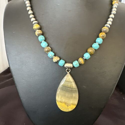 Men's BumbleBee Jasper Pendant Necklace | Navajo Pearls | Sterling Silver | Authentic Native American Handmade | 16875 - Masha USA