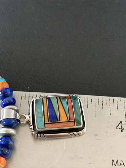 Navajo Native American Multicolor Turquoise Spiny Inlay Pendant Necklace | Sterling Silver | 10335