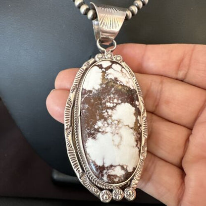 Navajo Wild Horse Turquoise Pendant Necklace | Sterling Silver | Authentic Native American Handmade | 17114