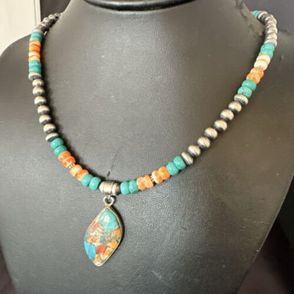 Navajo Spiny Turquoise Pendant Necklace | Sterling Silver | 21" | Authentic Native American Handmade | 17517
