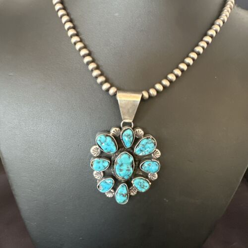 Navajo Blue Kingman Turquoise Cluster Pendant | Sterling Silver | 2" | Authentic Native American Handmade | 17418