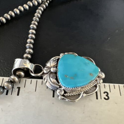 Navajo Kingman Turquoise Pendant Necklace | Sterling Silver Pearls | Authentic Native American Handmade | 15215